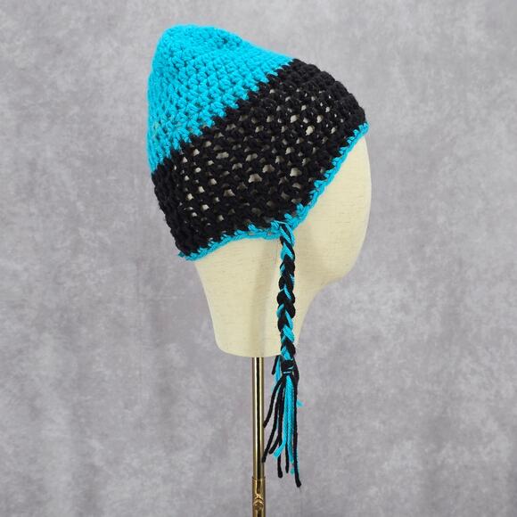 Blue Black Braid Pom Pom Tassel Crochet Funky Knit Bucket Cap Hat Beanie - Picture 1 of 4